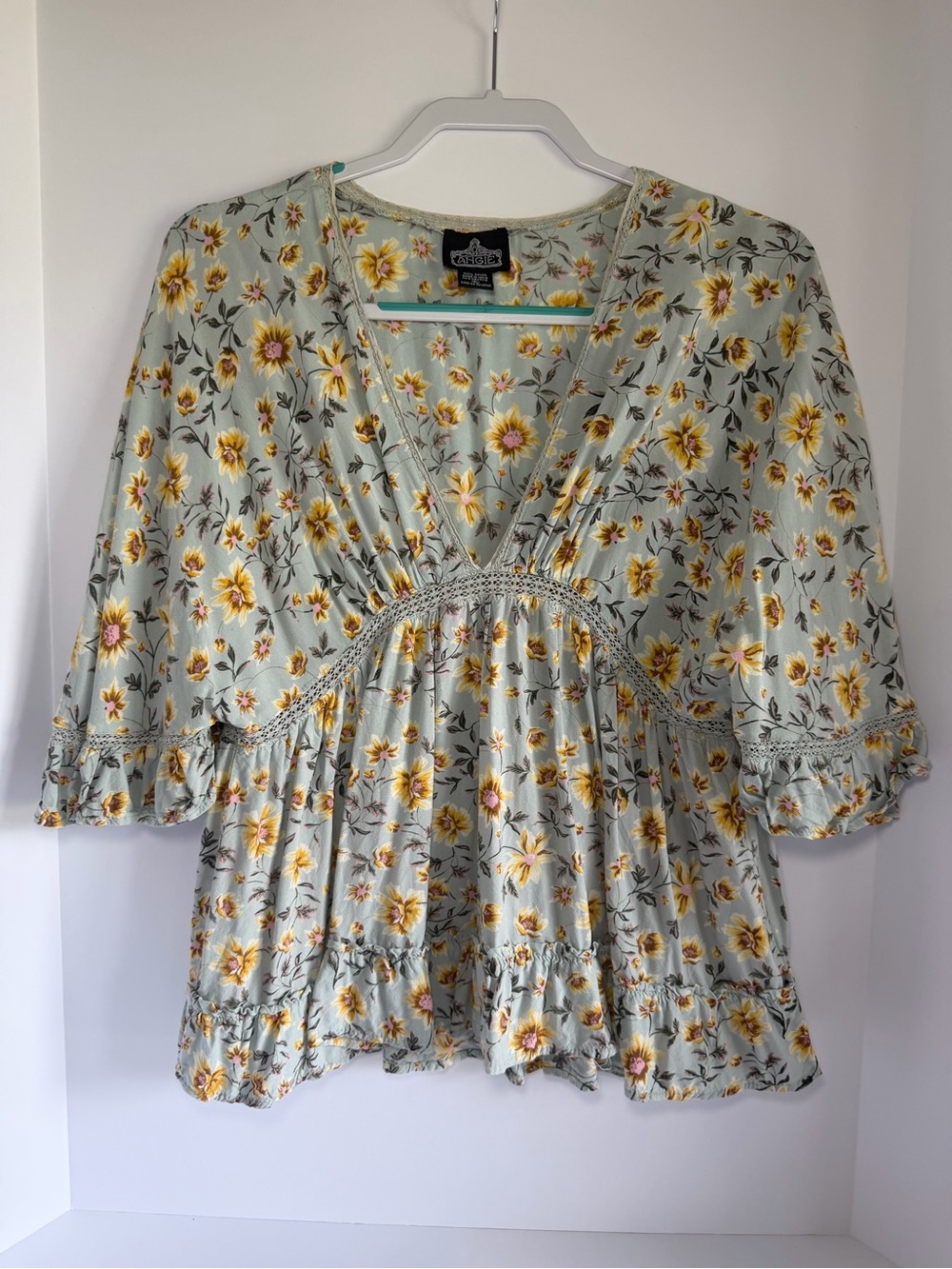 Angie Light Blue Floral V-Neck Tunic with Yellow Flowers